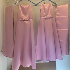 Junior Bridesmaid full length dresses. Light pink polyester fabric worn 1